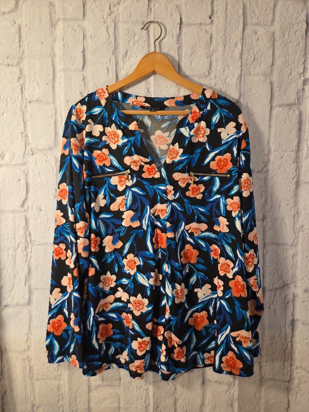 Zac & Rachel 2X Vibrant Blue Peach Floral V Neck Longsleeve Blouse Spring Casual